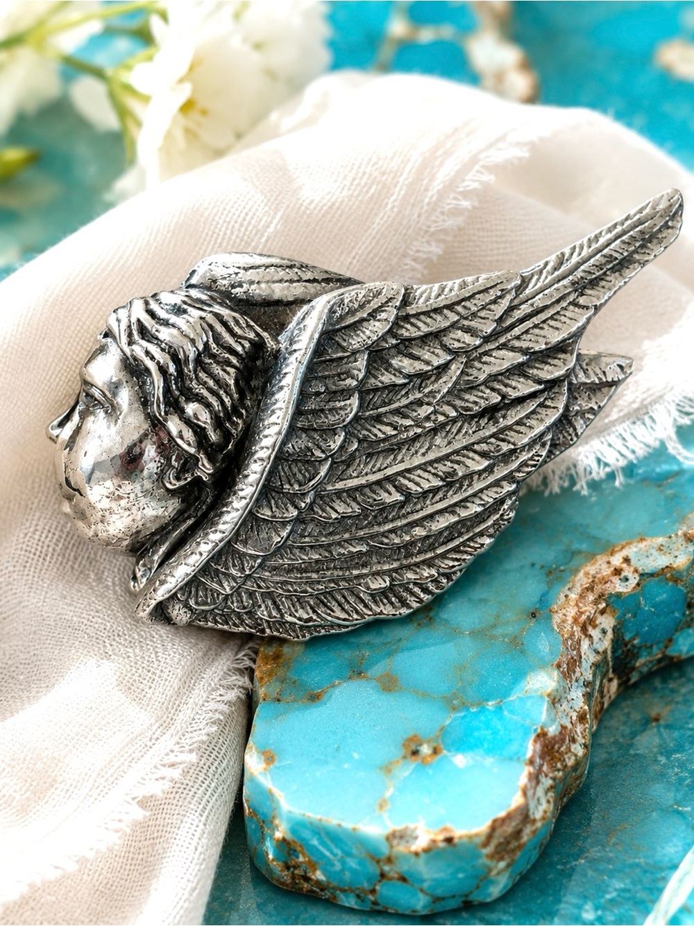 Rebecca Collins Cherub Angel Wing Vintage Signed Silver Scarf Clip